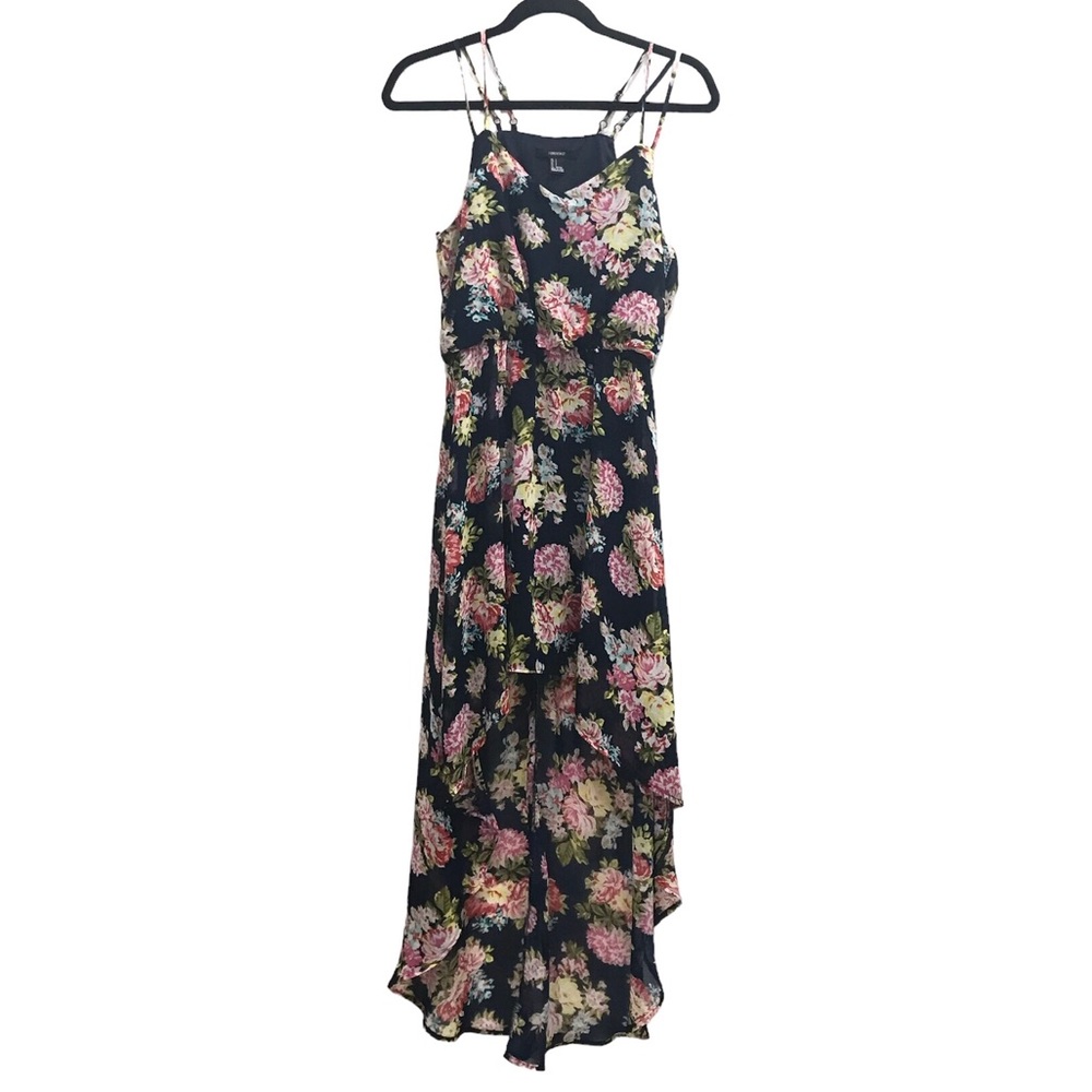 Navy blue Hi-Lo floral maxi dress S forever 21 flowy feminine strappy floral